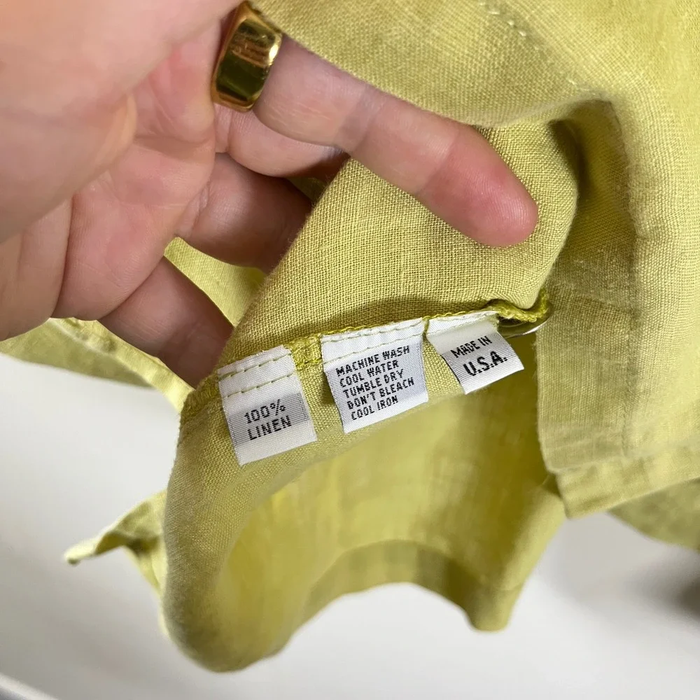 Planet By Lauren G Linen Chartreuse Green Signature Shirt Lagenlook USA Made OS - Picture 8 of 8